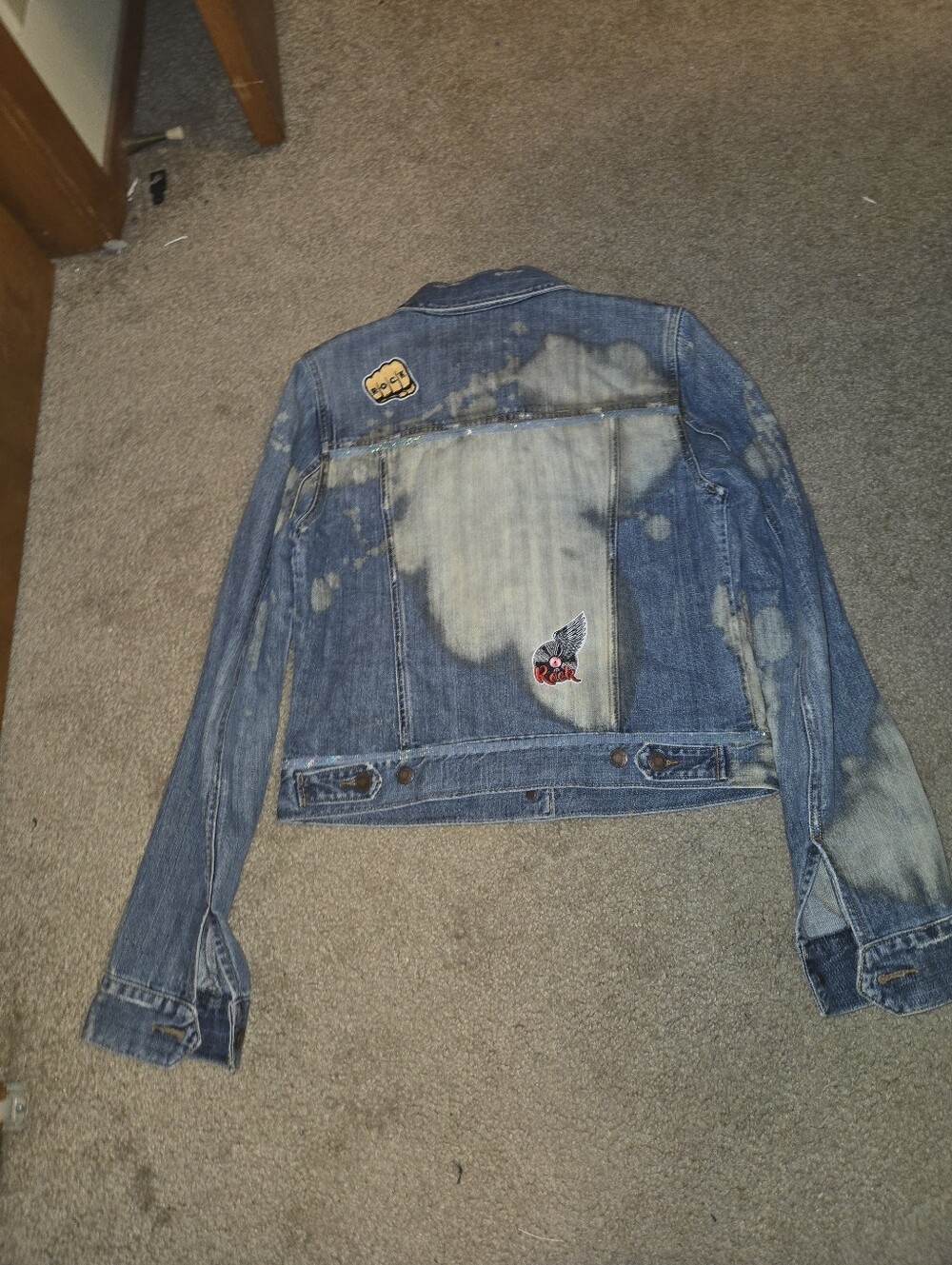 Upcycled Bleached Distressed Jean Jacket | Rock Graphic Patches | Custom Denim - Picture 4 of 16